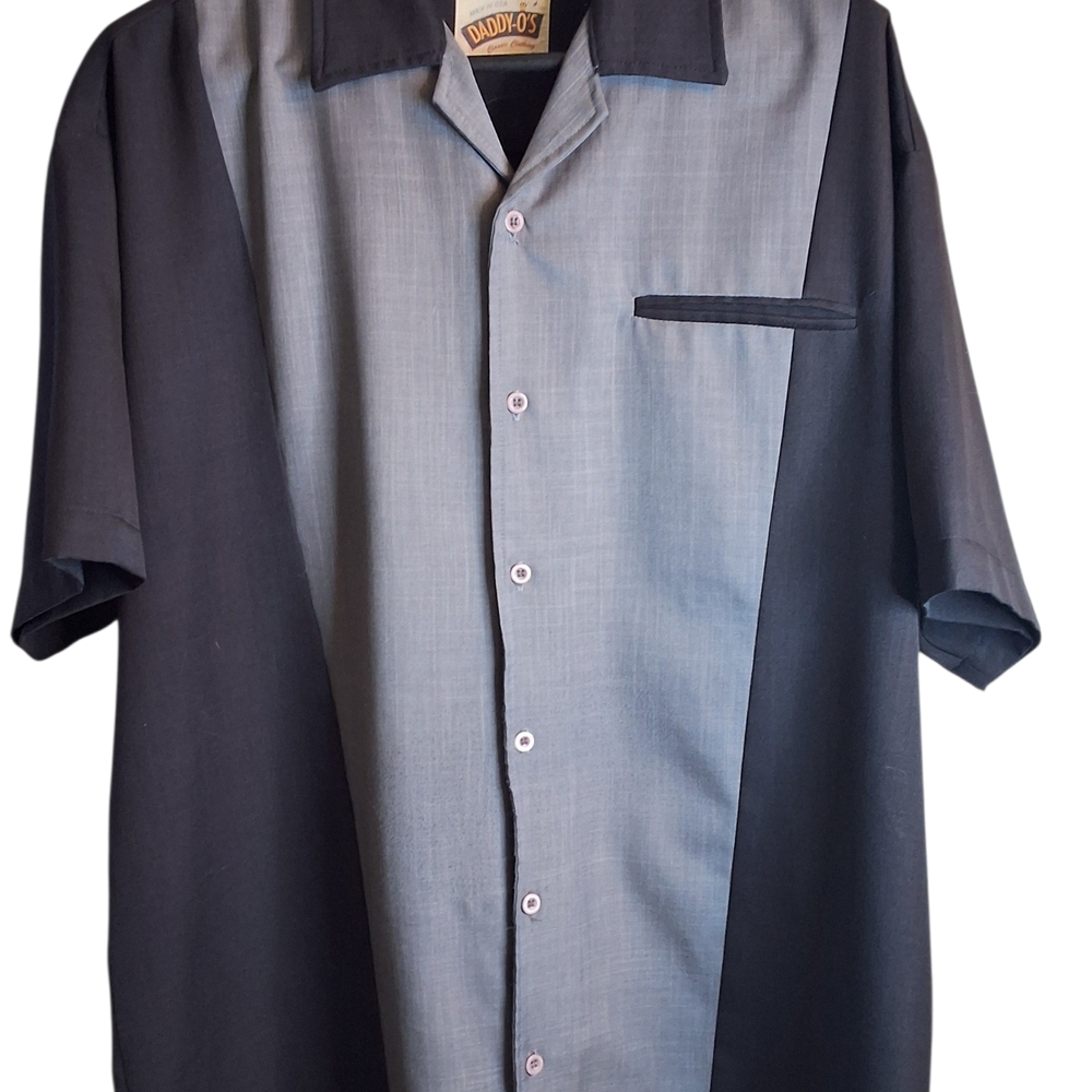 Daddy O Short Sleeve Casual Button Down Black and Gray Men's Shirt 2XL